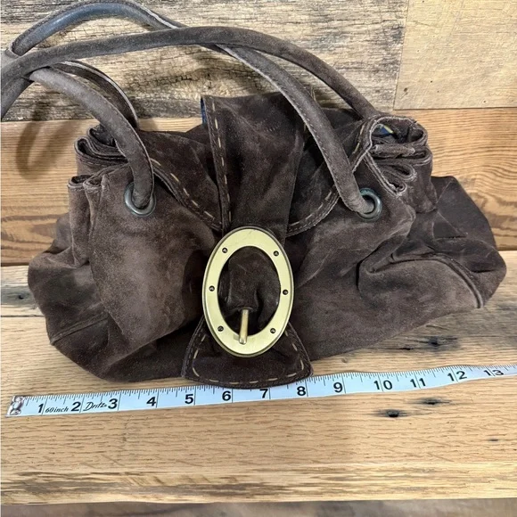 Suede Shoulder Bag with Brass Ring Accent - Brown - Picture 9 of 9